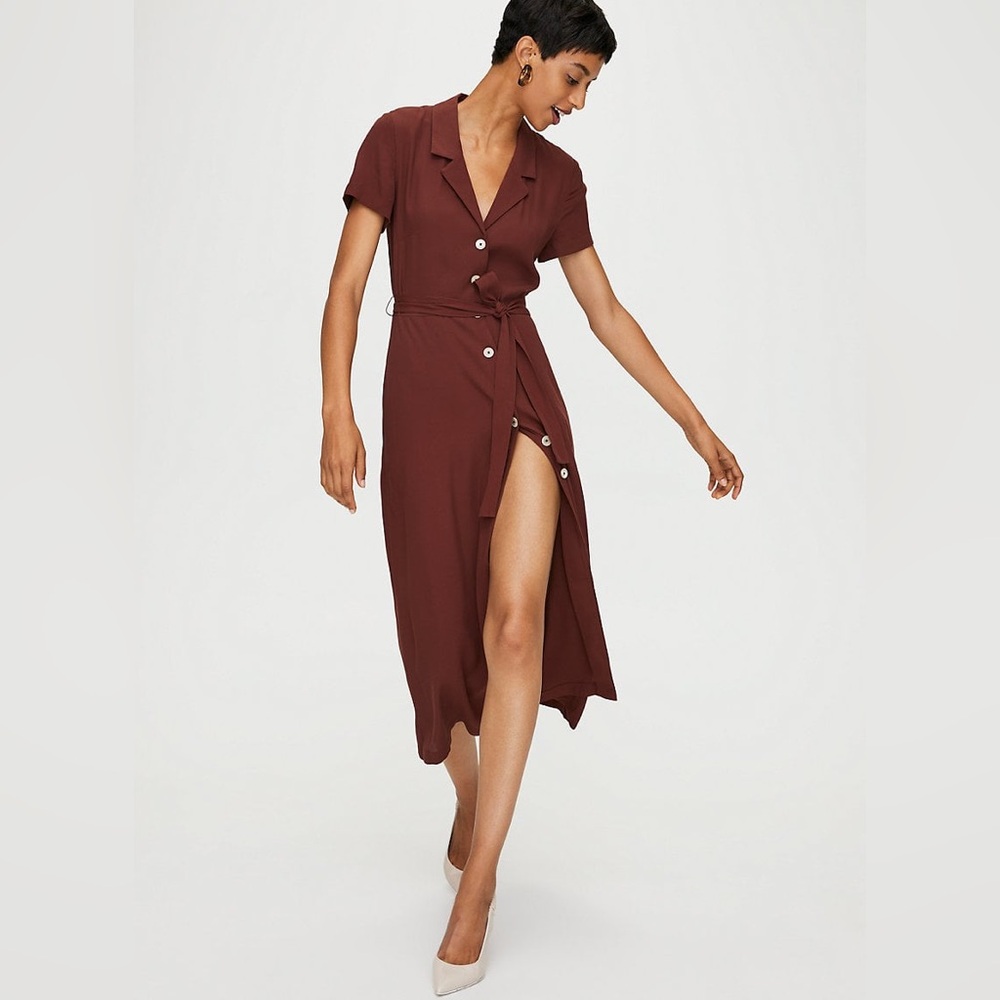 Wilfred Aritzia Sonore button-up Japanese crepe collared shirt midi dress